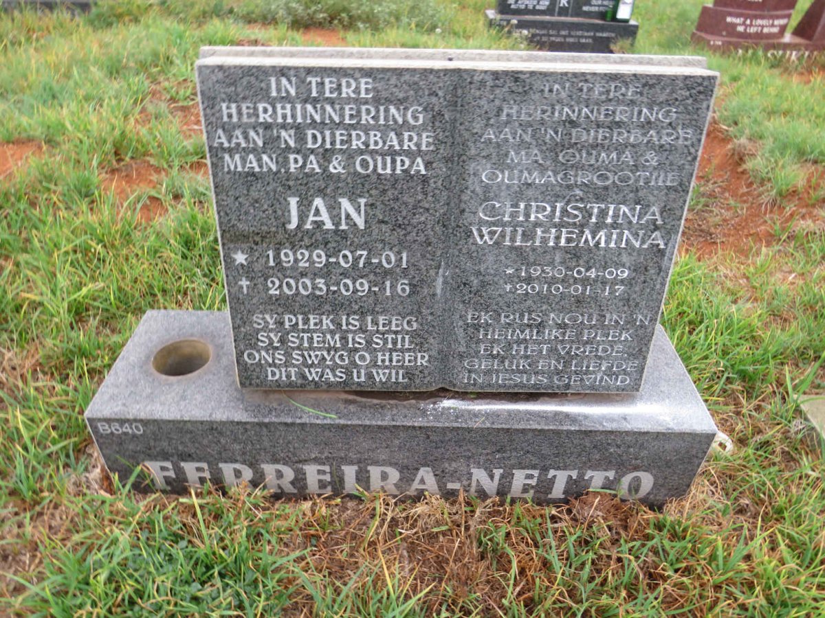 NETTO Jan, FERREIRA- 1929-2003 & Christina Wilhemina 1930-2010
