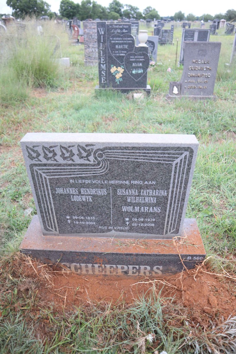 SCHEEPERS Johannes Hendrikus Lodewyk 1935-2002 & Susanna Catharina Wilhemina WOLMARANS 1939-2008
