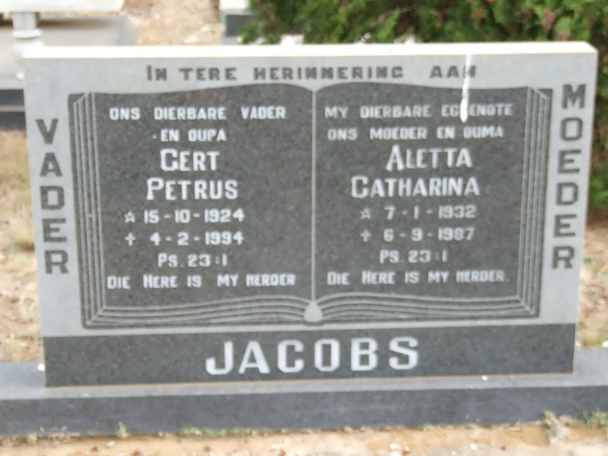JACOBS Gert Petrus 1924-1994 &amp; Aletta Catharina 1932-1987