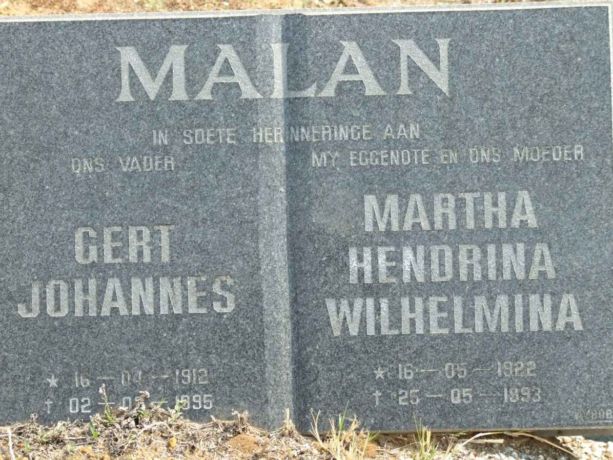 MALAN Gert Johannes 1912-1995 &amp; Martha Hendrina Wilhelmina 1922-1993