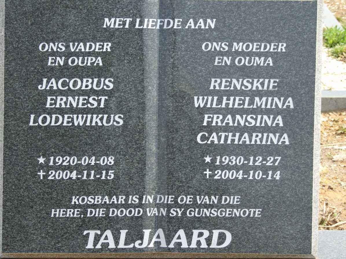 TALJAARD Jacobus Ernest Lodewikus 1920-2004 &amp; Renskie Wilhelmina Fransina Catharina 1930-2004