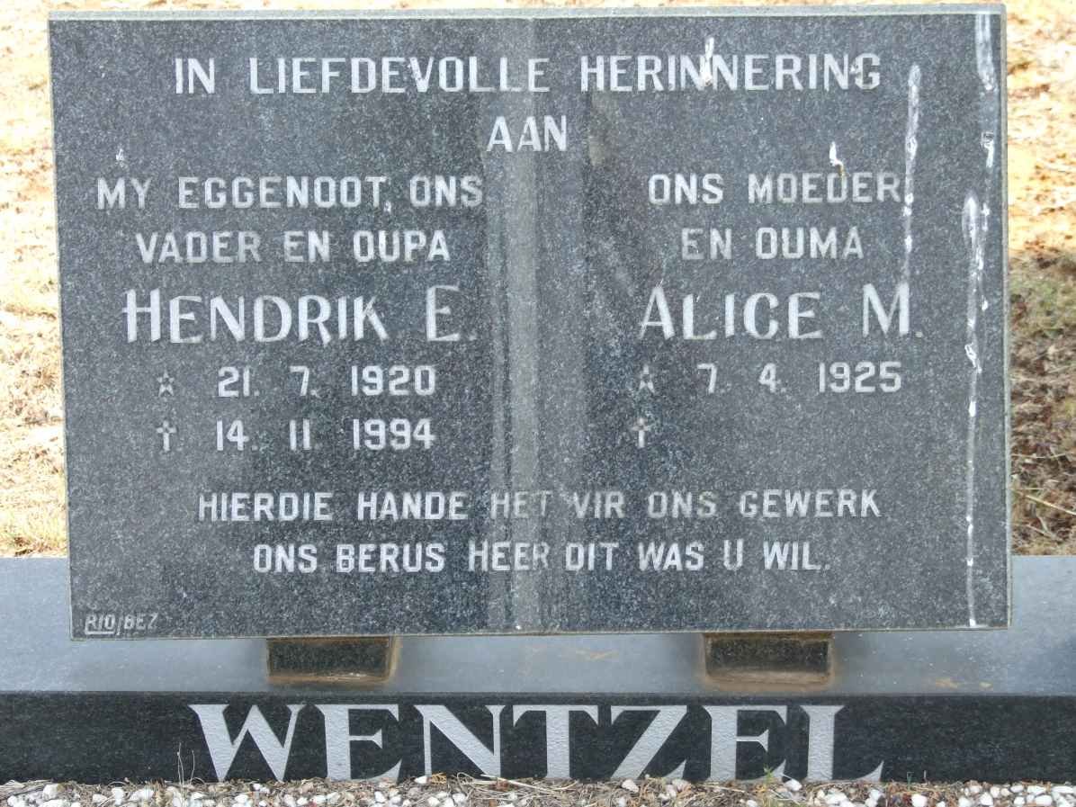 WENTZEL Hendrik E. 1920-1994 &amp; Alice M. 1925-