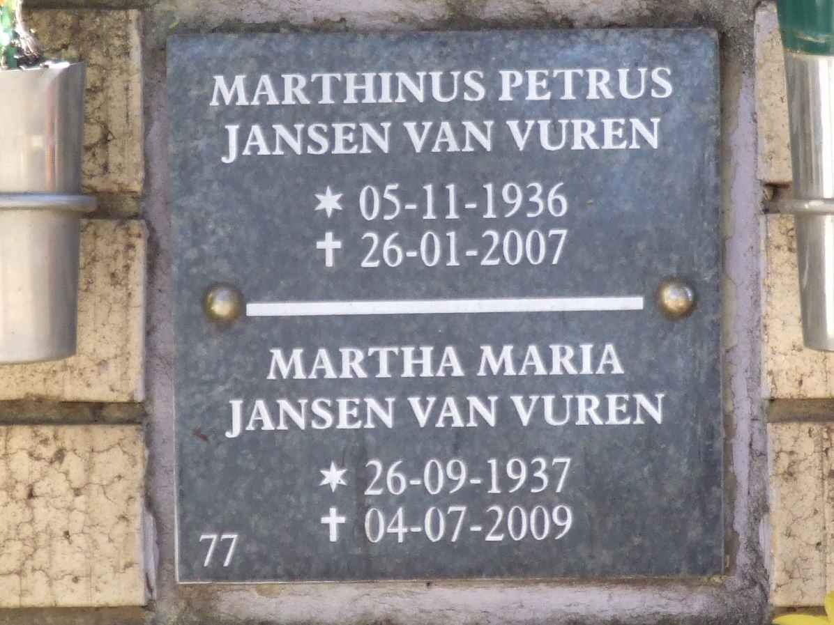 VUREN Marthinus Petrus, Jansen van 1936-2007 &amp; Martha Maria 1937-2009