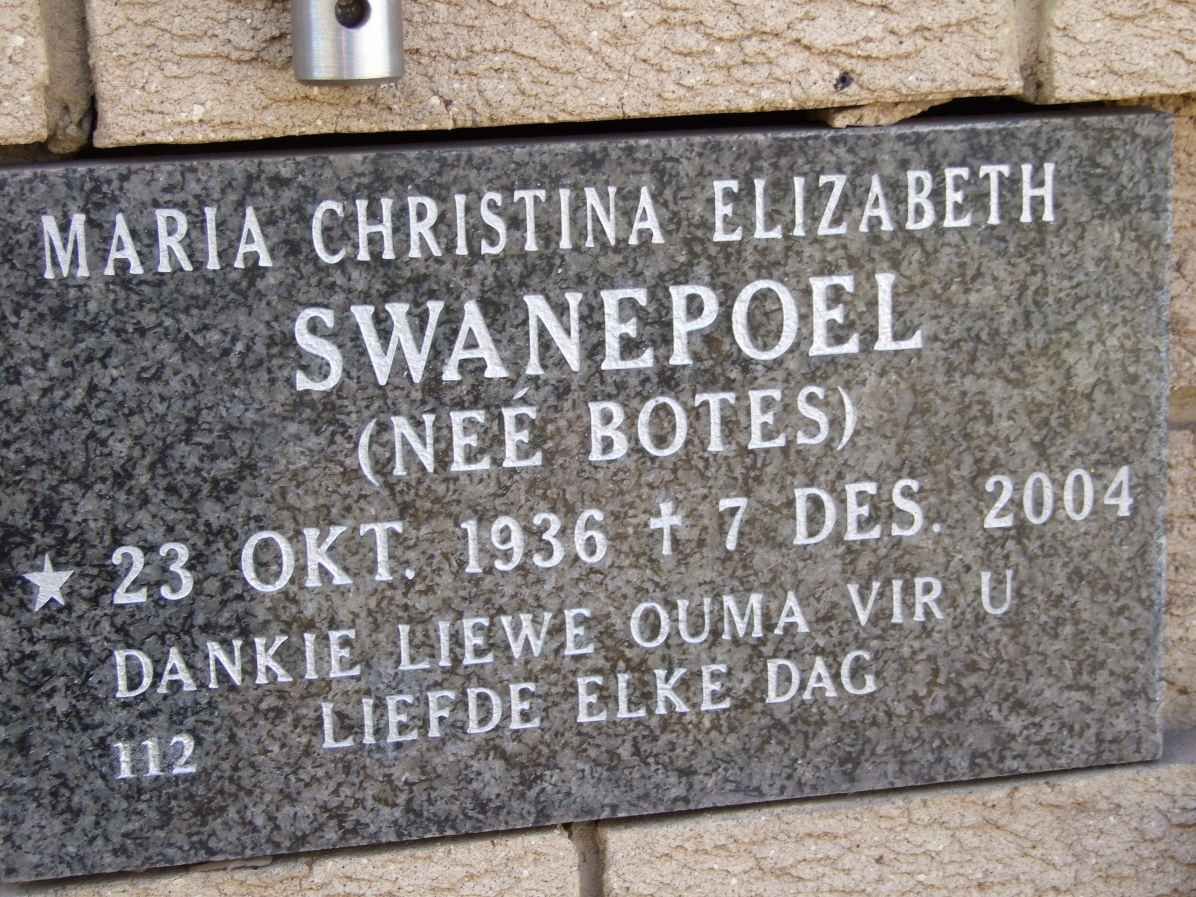 SWANEPOEL Maria Christina Elizabeth nee BOTES 1936-2004