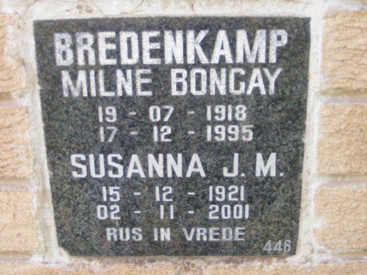BREDENKAMP Milne Bongay 1918-1995 &amp; Susanna J.M. 1921-2001