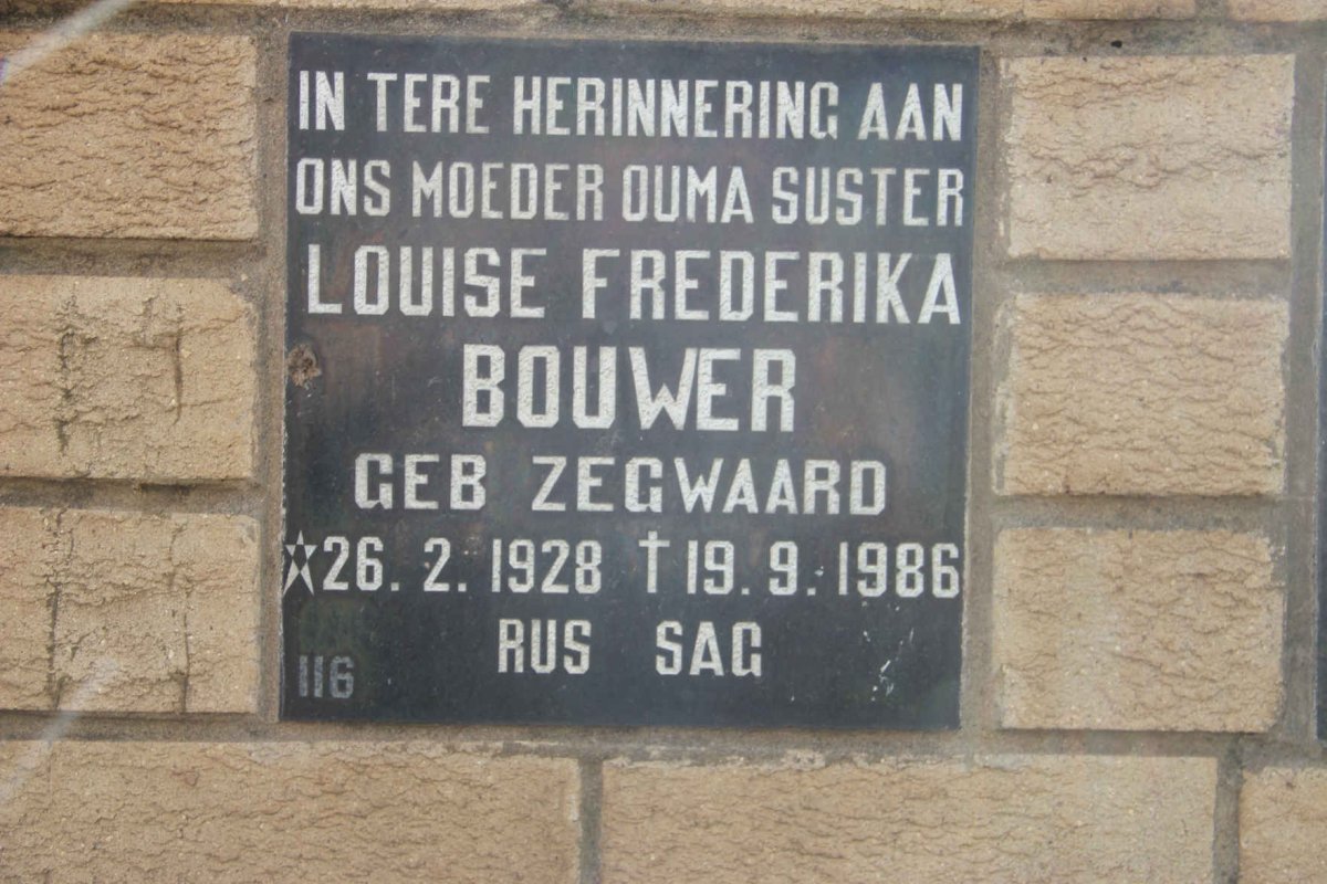 BOUWER Louise Frederika nee ZEGWAARD 1928-1986