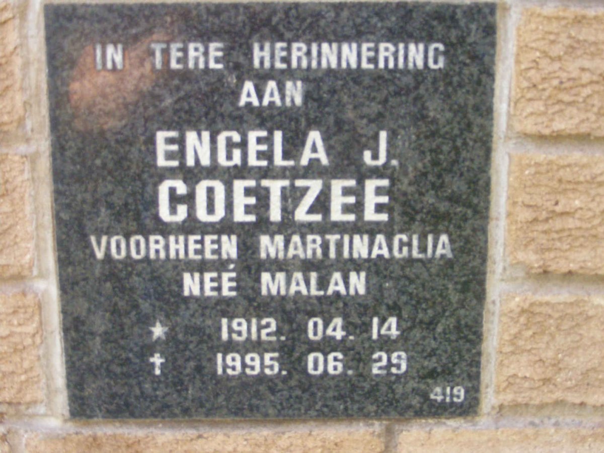 COETZEE Engela J. voorheen MARTINAGLIA nee MALAN 1912-1995