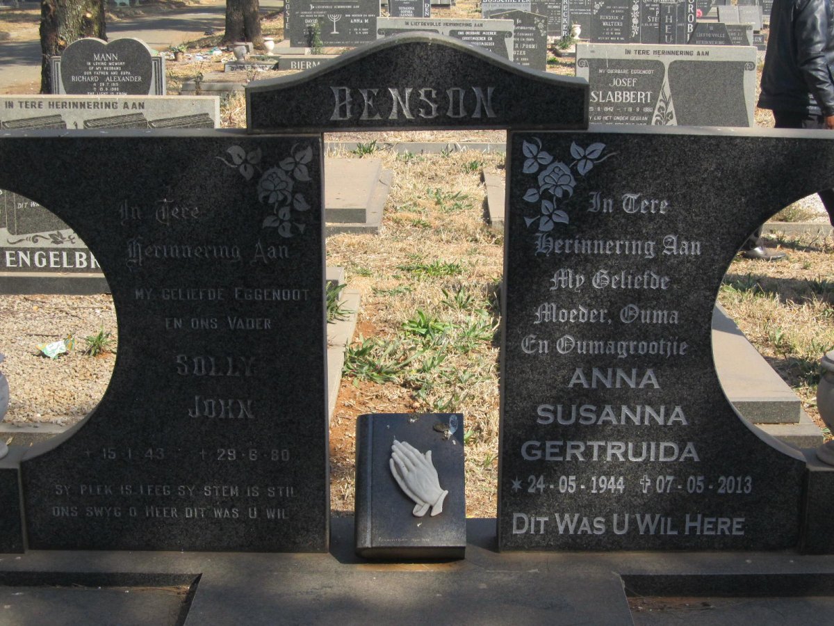 BENSON Solly John 1943-1980 &amp; Anna Susanna Gertruida 1944-2013