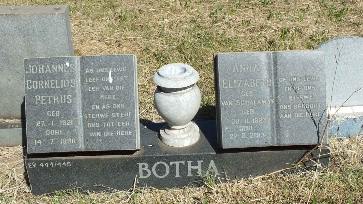 BOTHA Johannes Cornelius Petrus 1921-1986 &amp; Anna Elizabeth VAN SCHALKWYK 1923-2013