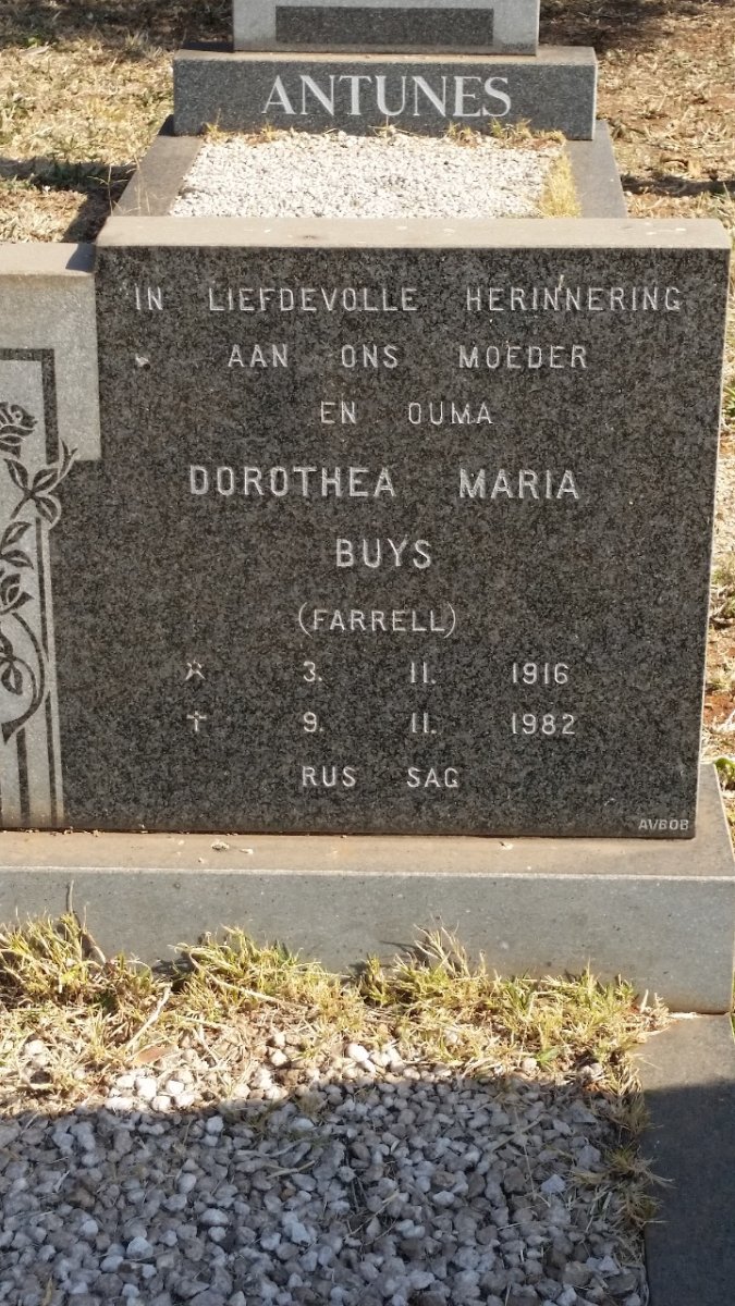 BUYS Dorothea Maria nee FARRELL 1916-1982