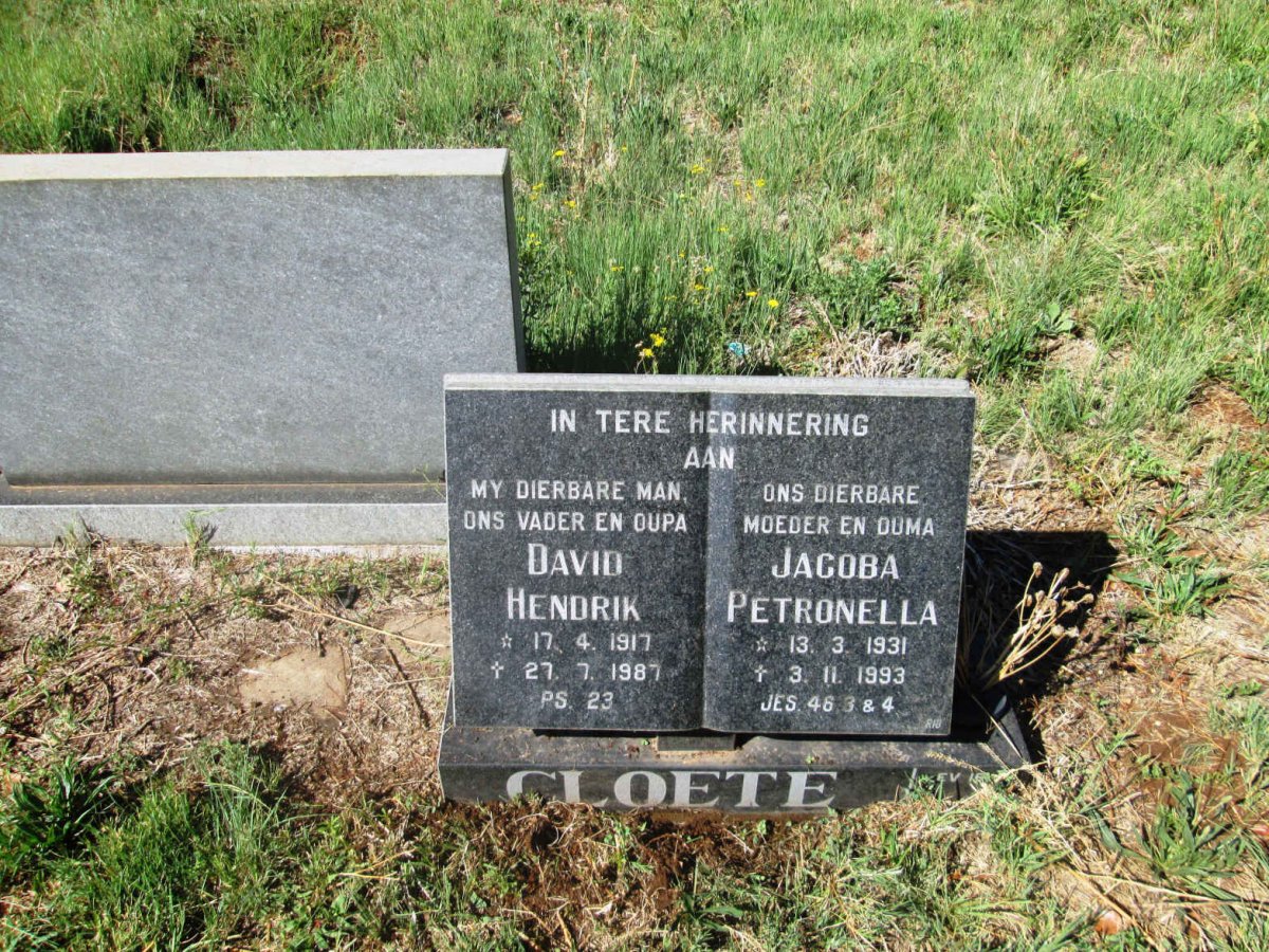 CLOETE David Hendrik 1917-1987 &amp; Jacoba Petronella 1931-1993