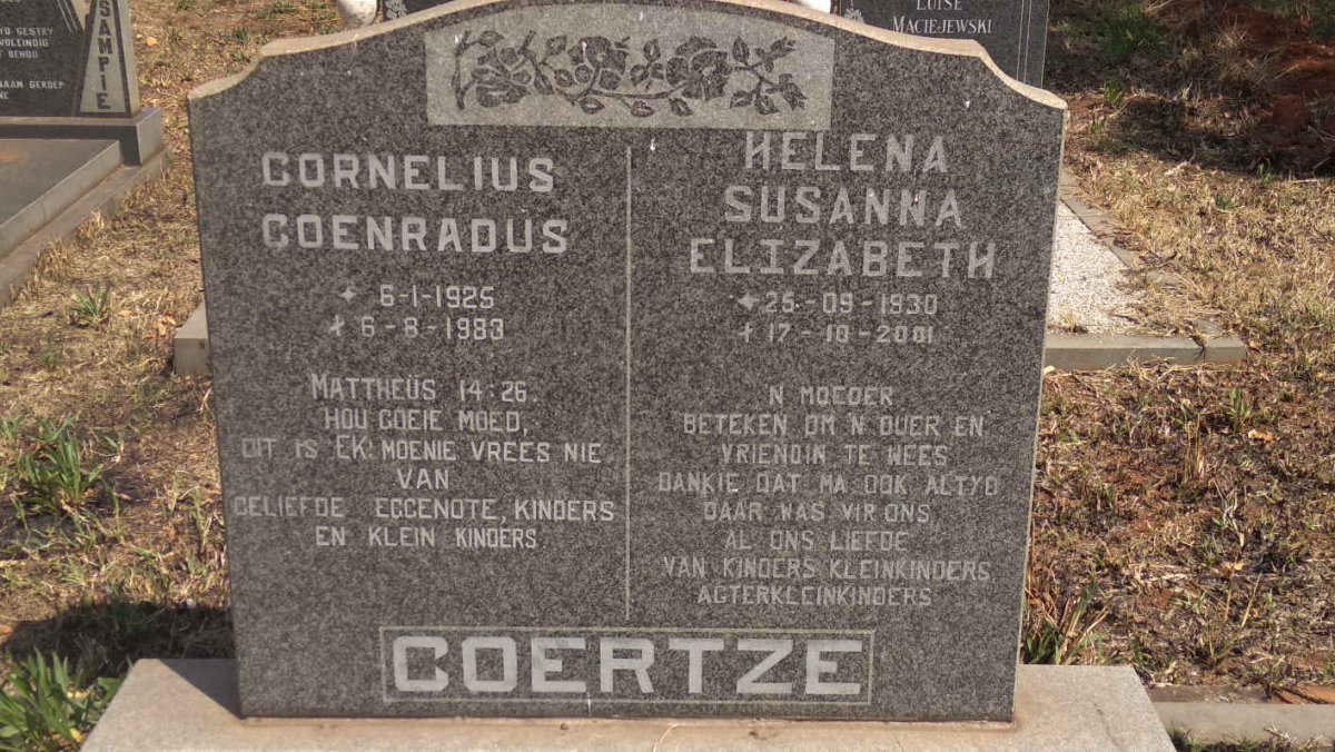 COERTZE Cornelius Coenradus 1925-1983 &amp; Helena Susanna Elizabeth 1930-2001