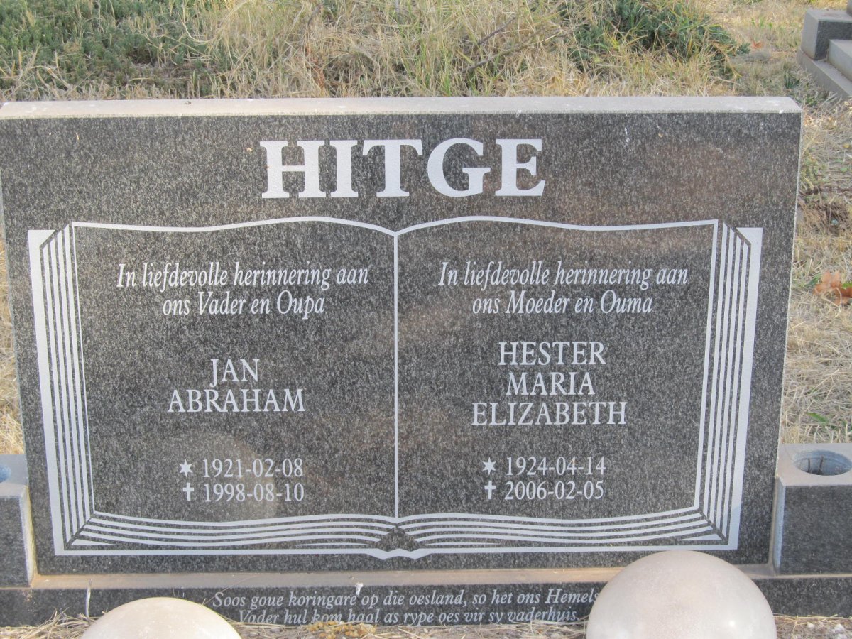 HITGE Jan Abraham 1921-1998 &amp; Hester Maria Elizabeth 1924-2006