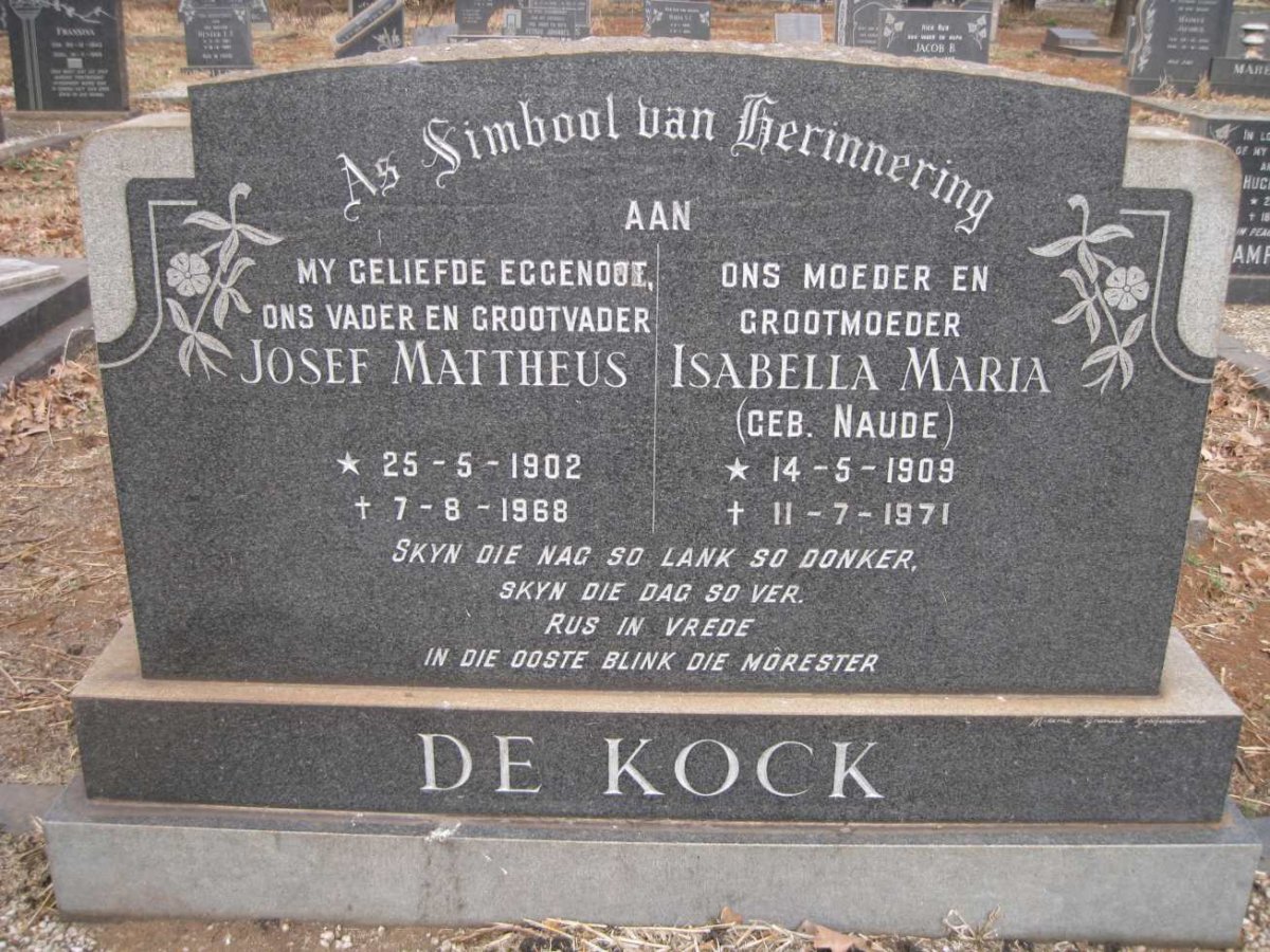 KOCK Josef Mattheus, de 1902-1968 &amp; Isabella Maria NAUDE 1909-1971