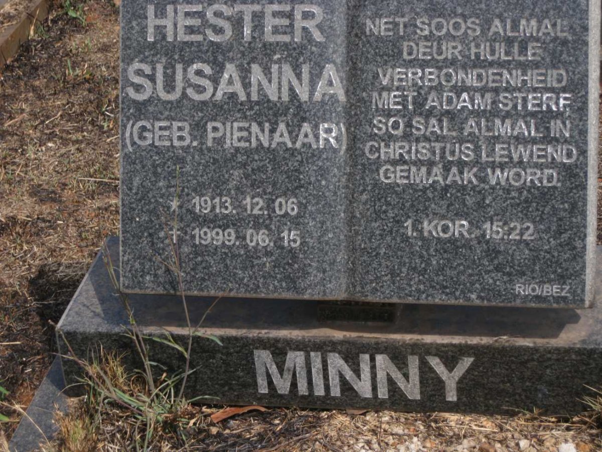 MINNY Hester Susanna nee PIENAAR 1913-1999