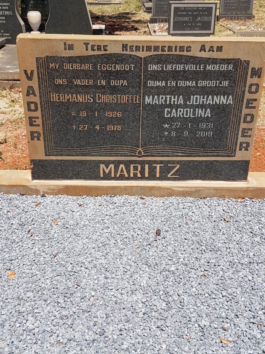 MARITZ Hermanus Christoffel 1926-1978 &amp; Martha Johanna Carolina 1931-2019