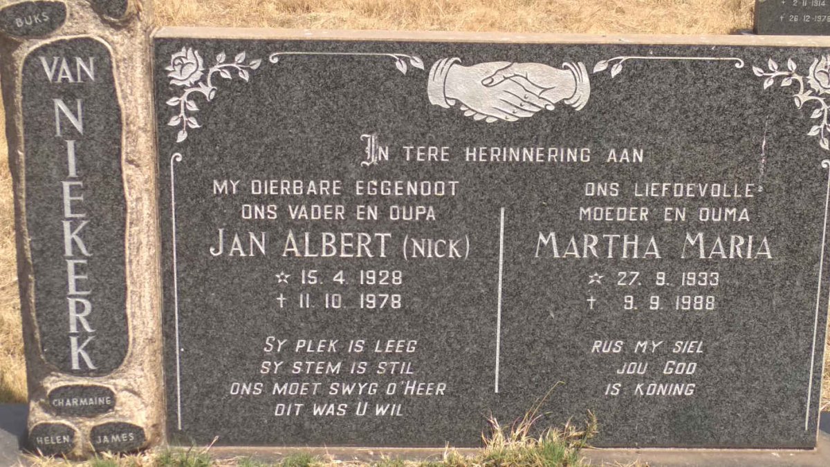 NIEKERK Jan Albert, van 1928-1978 &amp; Martha Maria 1933-1988