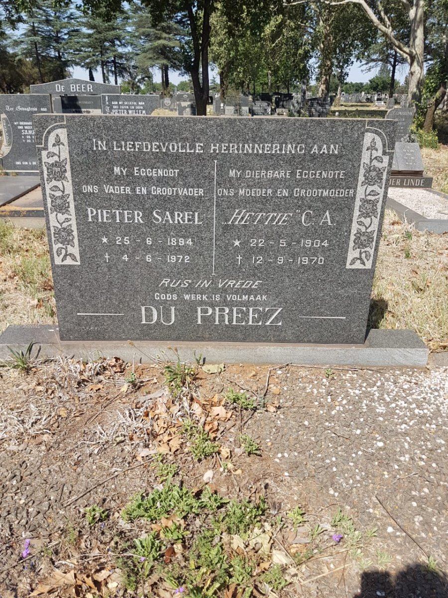 PREEZ Pieter Sarel, du 1894-1972 &amp; C.A. 1904-1970