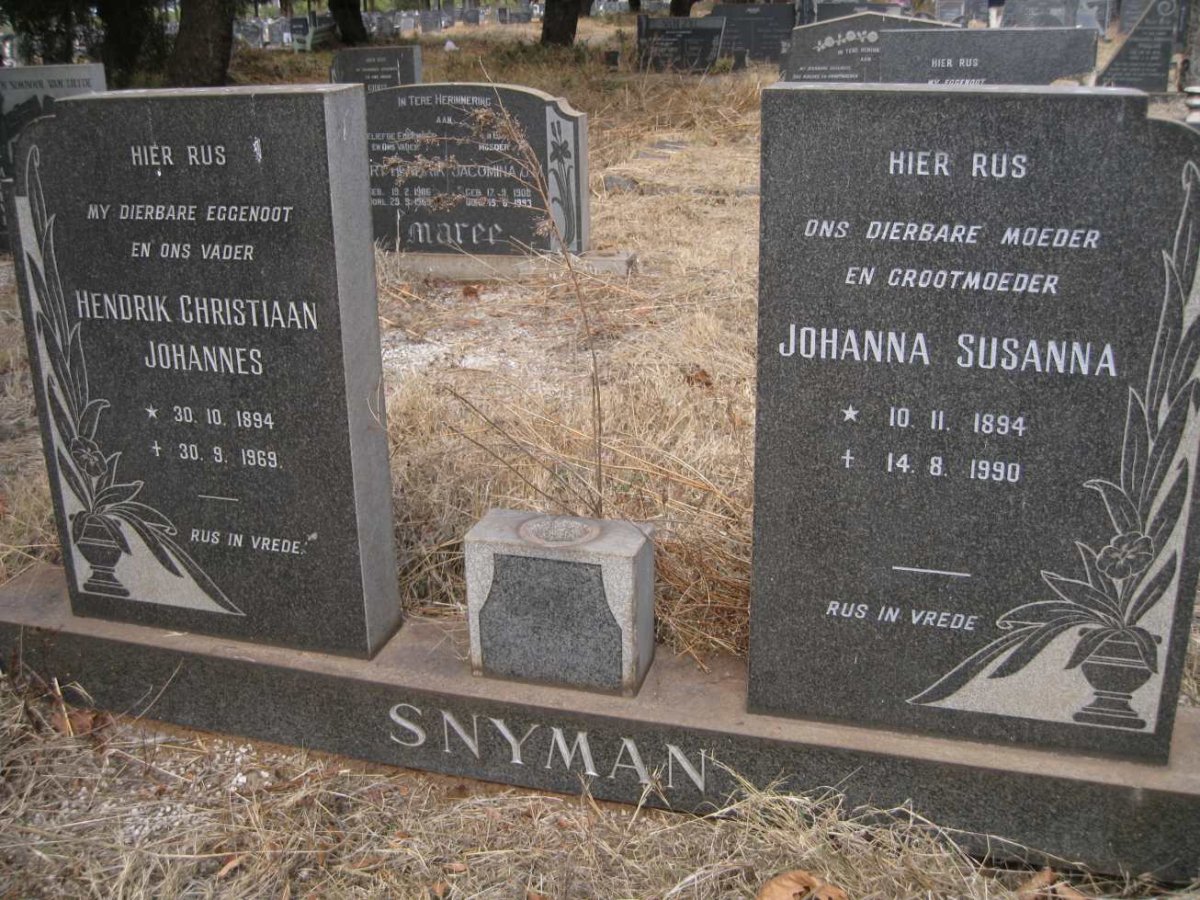 SNYMAN Hendrik Christiaan Johannes 1894-1969 &amp; Johanna Susanna 1894-1990