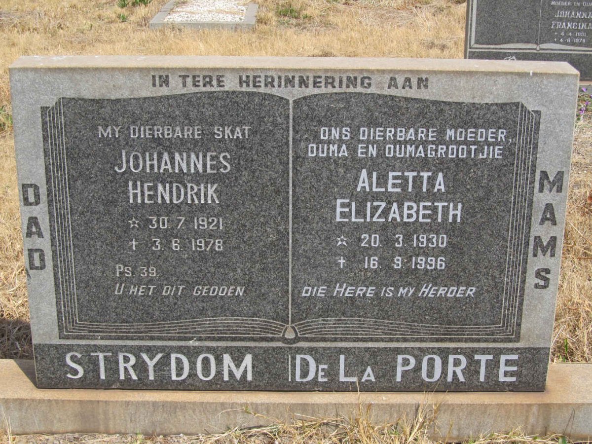 STRYDOM Johannes Hendrik 1921-1978 &amp; Aletta Elizabeth DE LA PORTE 1930-1996