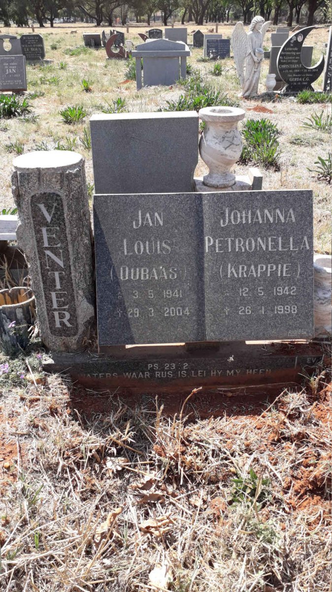VENTER Jan Louis 1941-2004 &amp; Johanna Petronella 1942-1998