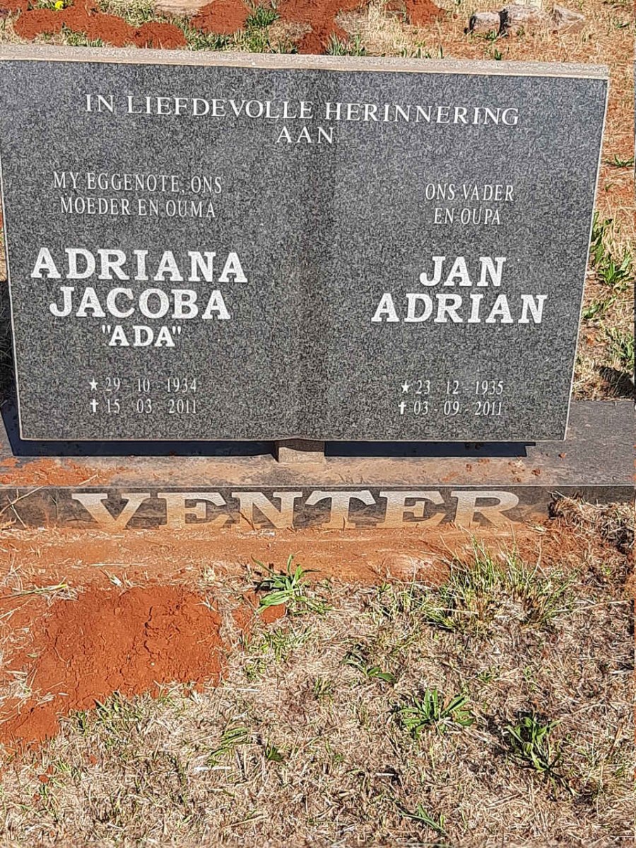 VENTER Jan Adrian 1935-2011 & Adriana Jacoba 1934-2011