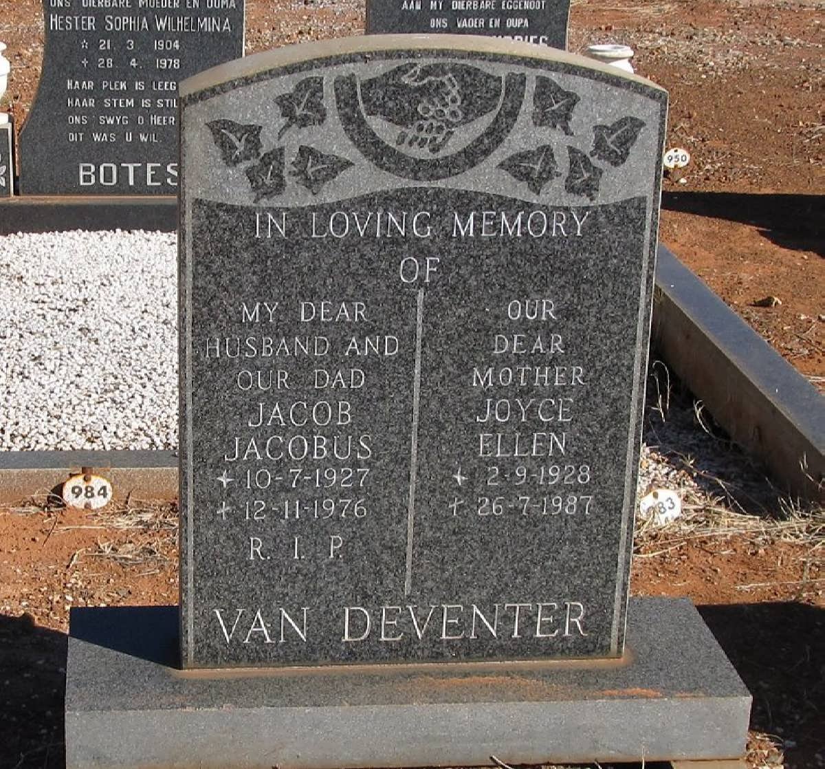 DEVENTER Jacob Jacobus, van 1927-1976 &amp; Joyce Ellen 1928-1987
