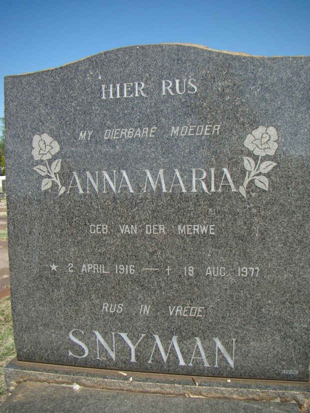 SNYMAN Anna Maria nee VAN DER MERWE 1916-1977