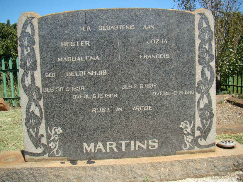 MARTINS Jozua Francois 1832-1918 &amp; Hester Magdalena GELDENHUIS 1839-1928